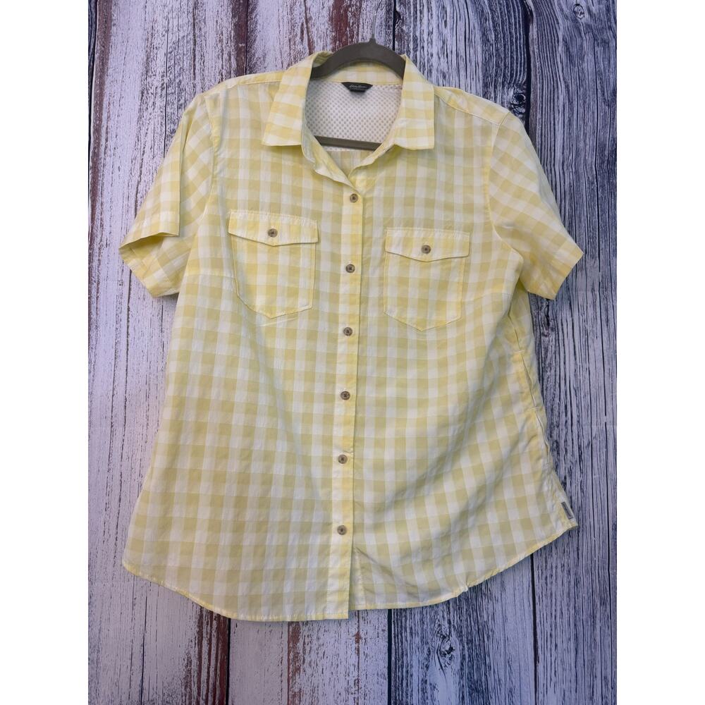 Eddie Bauer Women's Short-Sleeve Button Up Yellow and White Gingham Plaid Large